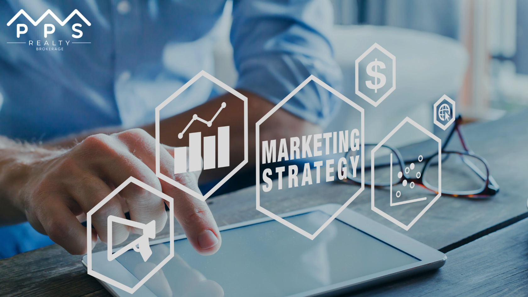 person using a tablet with graphics about marketing strategy